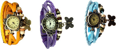 

NS18 Vintage Butterfly Rakhi Watch Combo of 3 Yellow, Purple And Sky Blue Watch - For Women