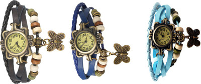 

NS18 Vintage Butterfly Rakhi Watch Combo of 3 Black, Blue And Sky Blue Watch - For Women