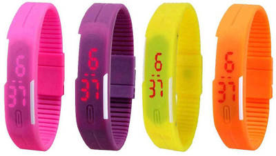 

NS18 Silicone Led Magnet Band Combo of 4 Pink, Purple, Yellow And Orange Watch - For Boys & Girls