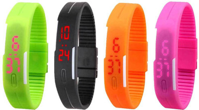 

NS18 Silicone Led Magnet Band Combo of 4 Green, Black, Orange And Pink Watch - For Boys & Girls