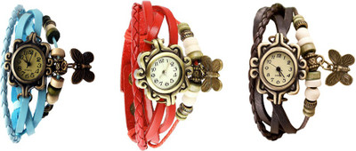 

Kissu Vintage Rakhi Watch Combo of 3 Sky Blue, Red And Brown Watch - For Women
