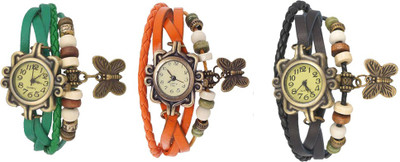 

Kissu Vintage Rakhi Watch Combo of 3 Green, Orange And Black Watch - For Women