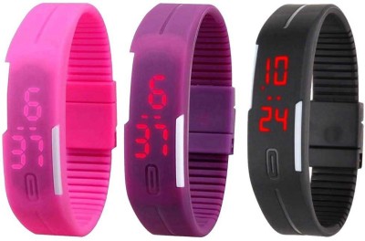 NS18 Silicone Led Magnet Band Combo of 3 Pink, Purple And Black Digital Watch  - For Boys & Girls   Watches  (NS18)