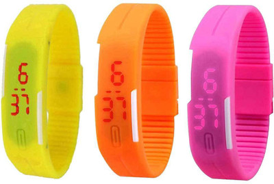 

NS18 Silicone Led Magnet Band Combo of 3 Yellow, Orange And Pink Watch - For Boys & Girls