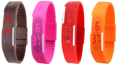 NS18 Silicone Led Magnet Band Combo of 4 Brown, Pink, Red And Orange Watch - For Boys & Girls