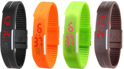 

NS18 Silicone Led Magnet Band Combo of 4 Black, Orange, Green And Brown Watch - For Boys & Girls