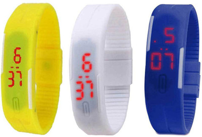 RSN Silicone Led Magnet Band Combo of 3 Yellow, White And Blue Digital Watch - For Men & Women