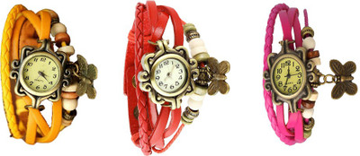 

NS18 Vintage Butterfly Rakhi Watch Combo of 3 Yellow, Red And Pink Watch - For Women