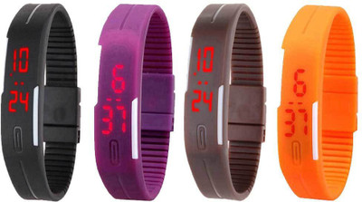

NS18 Silicone Led Magnet Band Combo of 4 Black, Purple, Brown And Orange Watch - For Boys & Girls