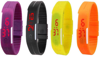 

NS18 Silicone Led Magnet Band Combo of 4 Purple, Black, Yellow And Orange Watch - For Boys & Girls