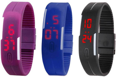 RSN Silicone Led Magnet Band Combo of 3 Purple, Blue And Black Digital Watch - For Boys