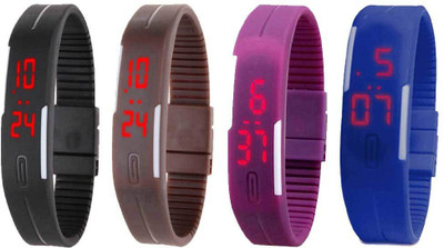 

NS18 Silicone Led Magnet Band Combo of 4 Black, Brown, Purple And Blue Watch - For Boys & Girls