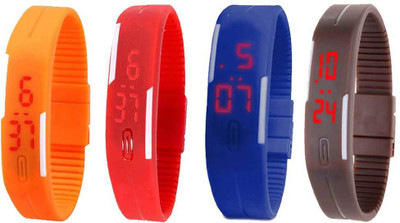 

NS18 Silicone Led Magnet Band Combo of 4 Orange, Red, Blue And Brown Watch - For Boys & Girls