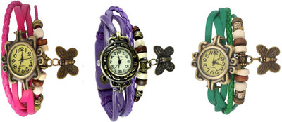 

NS18 Vintage Butterfly Rakhi Watch Combo of 3 Pink, Purple And Green Watch - For Women