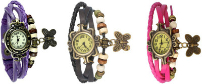 

NS18 Vintage Butterfly Rakhi Watch Combo of 3 Purple, Black And Pink Watch - For Women