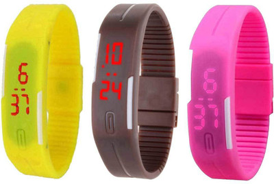 

NS18 Silicone Led Magnet Band Combo of 3 Yellow, Brown And Pink Watch - For Boys & Girls