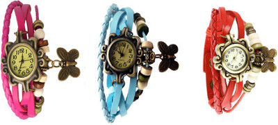 

Kissu Vintage Rakhi Watch Combo of 3 Pink, Sky Blue And Red Watch - For Women