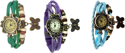 

NS18 Vintage Butterfly Rakhi Watch Combo of 3 Green, Purple And Sky Blue Watch - For Women