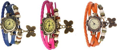 

Kissu Vintage Rakhi Watch Combo of 3 Blue, Pink And Orange Watch - For Women