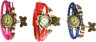 

Kissu Vintage Rakhi Watch Combo of 3 Pink, Red And Blue Watch - For Women