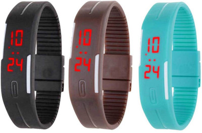 

NS18 Silicone Led Magnet Band Combo of 3 Black, Brown And Sky Blue Watch - For Boys & Girls