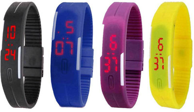 

NS18 Silicone Led Magnet Band Combo of 4 Black, Blue, Purple And Yellow Watch - For Boys & Girls
