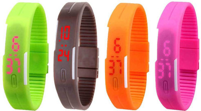 

NS18 Silicone Led Magnet Band Combo of 4 Green, Brown, Orange And Pink Watch - For Boys & Girls