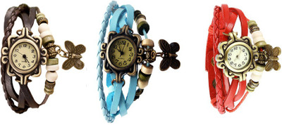 

Kissu Vintage Rakhi Watch Combo of 3 Brown, Sky Blue And Red Watch - For Women