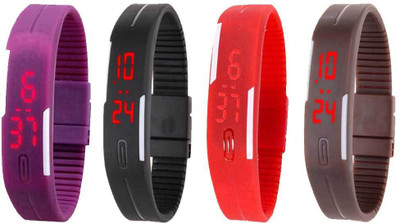 

NS18 Silicone Led Magnet Band Combo of 4 Purple, Black, Red And Brown Watch - For Boys & Girls