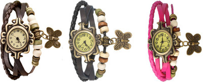 

NS18 Vintage Butterfly Rakhi Watch Combo of 3 Brown, Black And Pink Watch - For Women