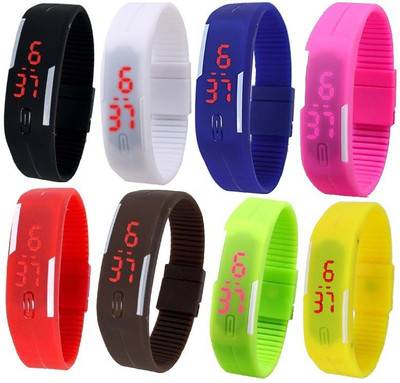 Pappi Boss Discount Combo Offer Pack of 8 Silicone Jelly Slim Unisex Led Band Digital Watch - For Men & Women