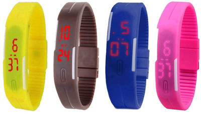 

NS18 Silicone Led Magnet Band Combo of 4 Yellow, Brown, Blue And Pink Watch - For Boys & Girls