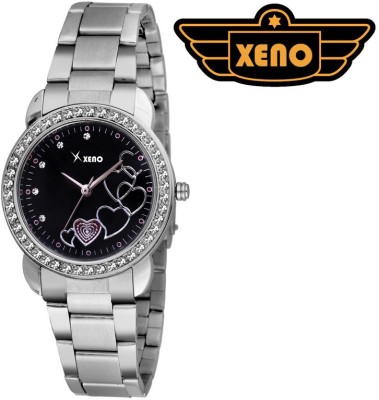 Xeno GN432 Silver Chain Diamond Studded Heart Design Black Dial Unique Watch  - For Girls   Watches  (Xeno)