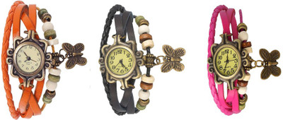 

Kissu Vintage Rakhi Watch Combo of 3 Orange, Black And Pink Watch - For Women