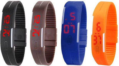 

NS18 Silicone Led Magnet Band Combo of 4 Black, Brown, Blue And Orange Watch - For Boys & Girls