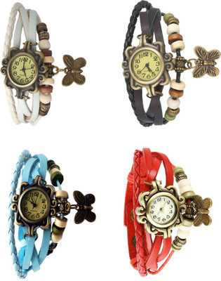 

Kissu Vintage Rakhi Combo of 4 White, Sky Blue, Black And Red Watch - For Women