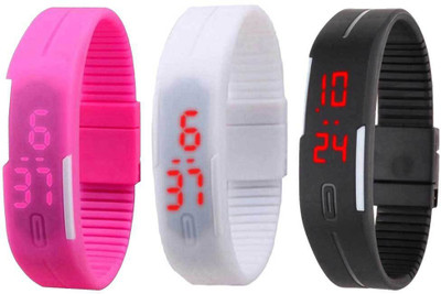 

NS18 Silicone Led Magnet Band Combo of 3 Pink, White And Black Watch - For Boys & Girls