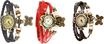 

NS18 Vintage Butterfly Rakhi Watch Combo of 3 Black, Red And Brown Watch - For Women