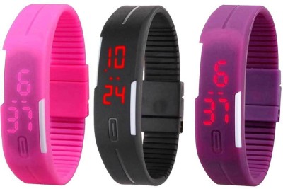 NS18 Silicone Led Magnet Band Combo of 3 Pink, Black And Purple Digital Watch  - For Boys & Girls   Watches  (NS18)