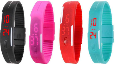 

NS18 Silicone Led Magnet Band Watch Combo of 4 Black, Pink, Red And Sky Blue Watch - For Couple