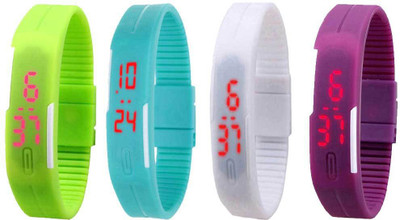 

NS18 Silicone Led Magnet Band Watch Combo of 4 Green, Sky Blue, White And Purple Watch - For Couple