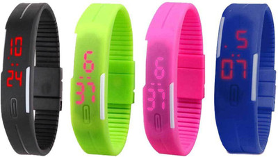 

NS18 Silicone Led Magnet Band Combo of 4 Black, Green, Pink And Blue Watch - For Boys & Girls