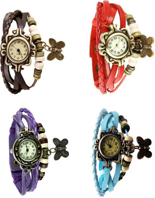 

Kissu Vintage Rakhi Combo of 4 Brown, Purple, Red And Sky Blue Watch - For Women