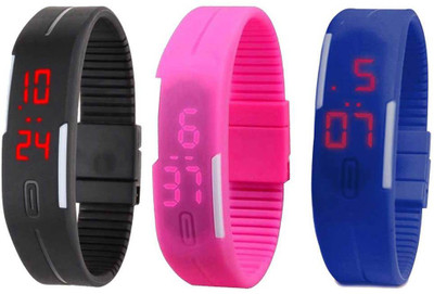 

NS18 Silicone Led Magnet Band Combo of 3 Black, Pink And Blue Watch - For Boys & Girls