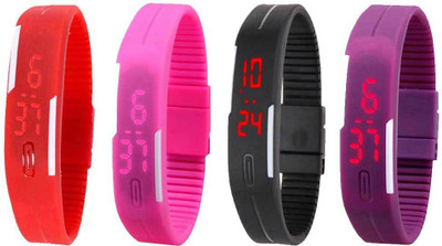 

NS18 Silicone Led Magnet Band Watch Combo of 4 Red, Pink, Black And Purple Watch - For Couple
