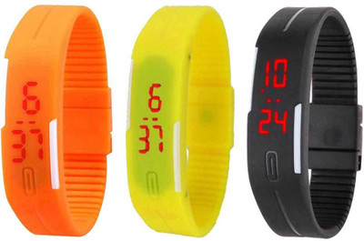 RSN Silicone Led Magnet Band Combo of 3 Orange, Yellow And Black Digital Watch - For Men & Women