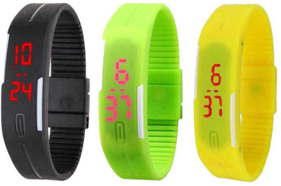 

NS18 Silicone Led Magnet Band Combo of 3 Black, Green And Yellow Watch - For Boys & Girls