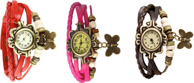

Kissu Vintage Rakhi Watch Combo of 3 Red, Pink And Brown Watch - For Women