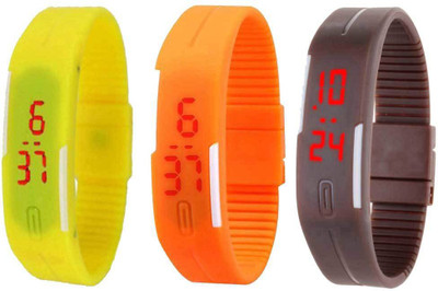 NS18 Silicone Led Magnet Band Combo of 3 Yellow, Orange And Brown Watch - For Boys & Girls