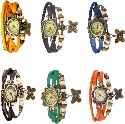 NS18 Vintage Butterfly Rakhi Combo of 6 Yellow, Black, Blue, Brown, Green And Orange Analog Watch  - For Women   Watches  (NS18)
